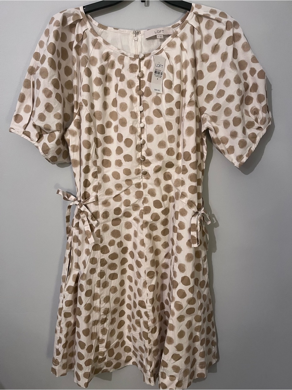 NEW! LOFT Cotton Cream and Tan Polka Dot Tie-Waist Dress Pockets Sz 8